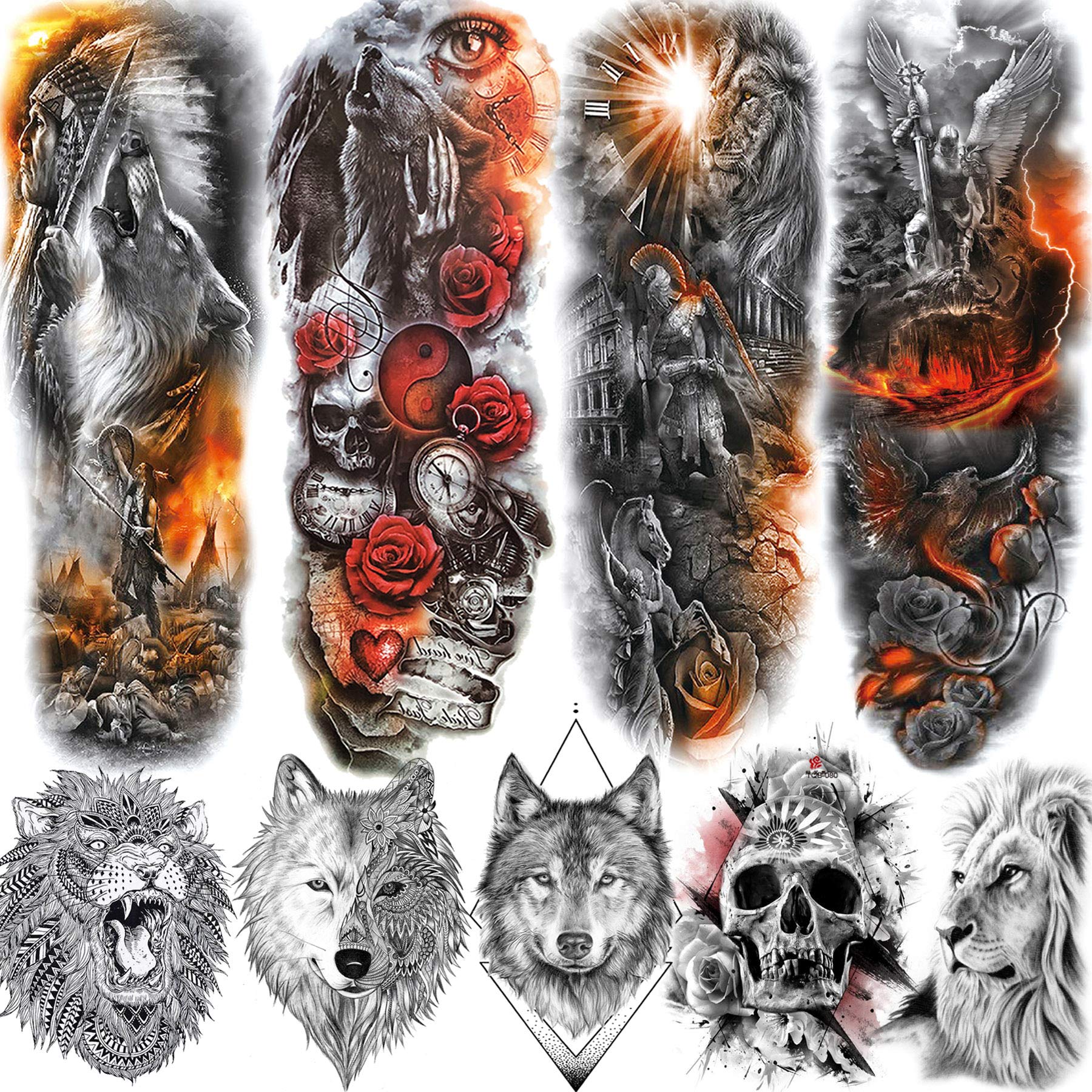 Rejaski 9 Sheets Gladiator Wolf King Full Arm Temporary Tattoo Sleeves For Men Women Extra Long Gold Tribal Knight Warrior Temp Tattoos Lion Totem Body Art Arm Sleeve Realistic Fake Tattoo Stickers