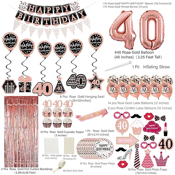 40TH BIRTHDAY DECORATIONS FOR WOMEN – (76PACK) ROSE GOLD PARTY BANNER, PENNANT, HANGING SWIRL, BIRTHDAY BALLOONS, FOIL BACKDROPS, CUPCAKE TOPPER, PLATES, PHOTO PROPS, BIRTHDAY SASH FOR GIFTS WOMEN