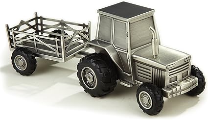 Tractor Bank w/Trailer, Pewter Finish
