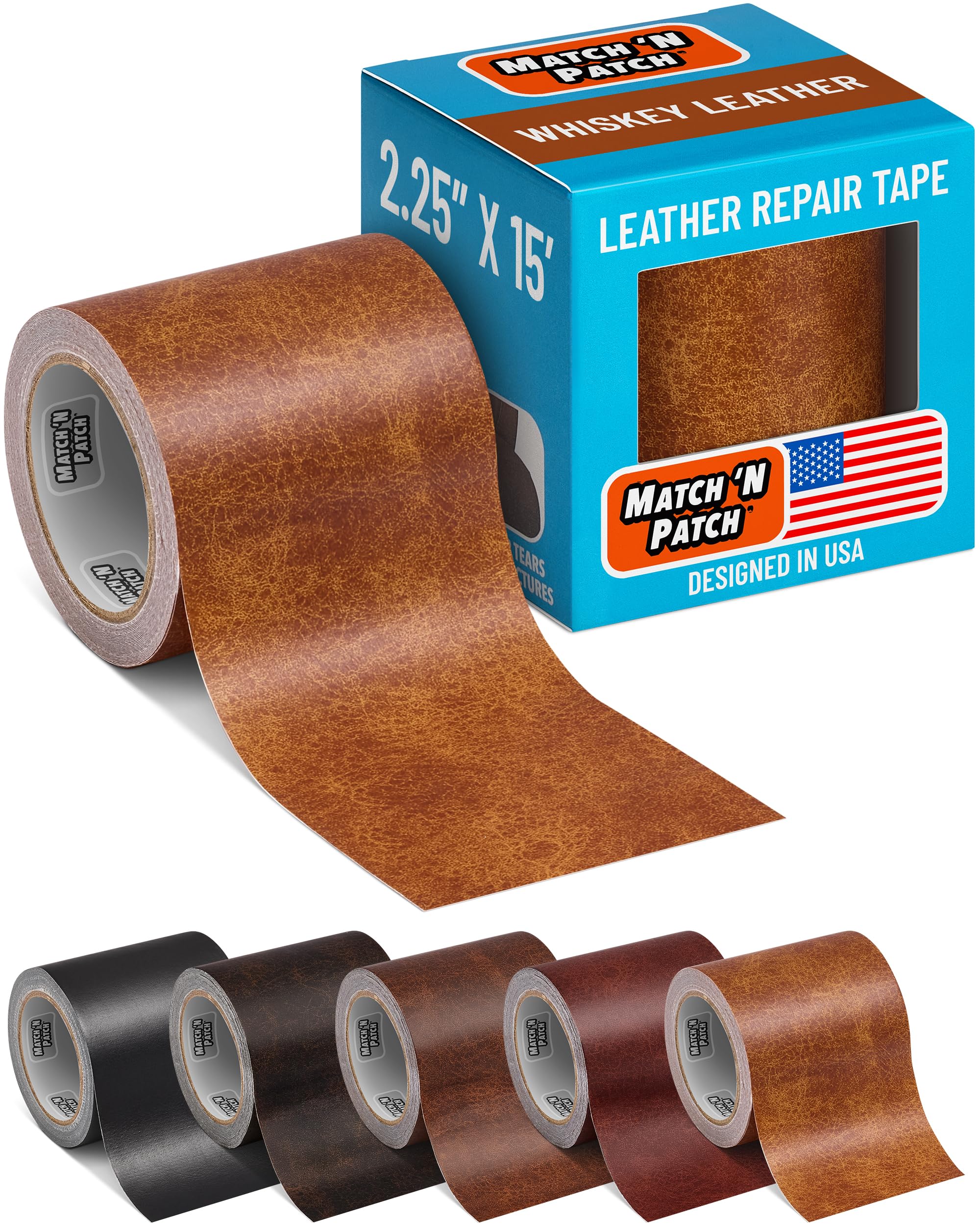 MATCH 'N PATCH Leather Repair Tape - Realistic Printed Leather Pattern for Vinyl, & Synthetic Repairs, Conceal Rips, Scratches, and Tears, for Furniture Fix, Crafts, & DIY, 15 ft x 2.25" Roll, Whiskey