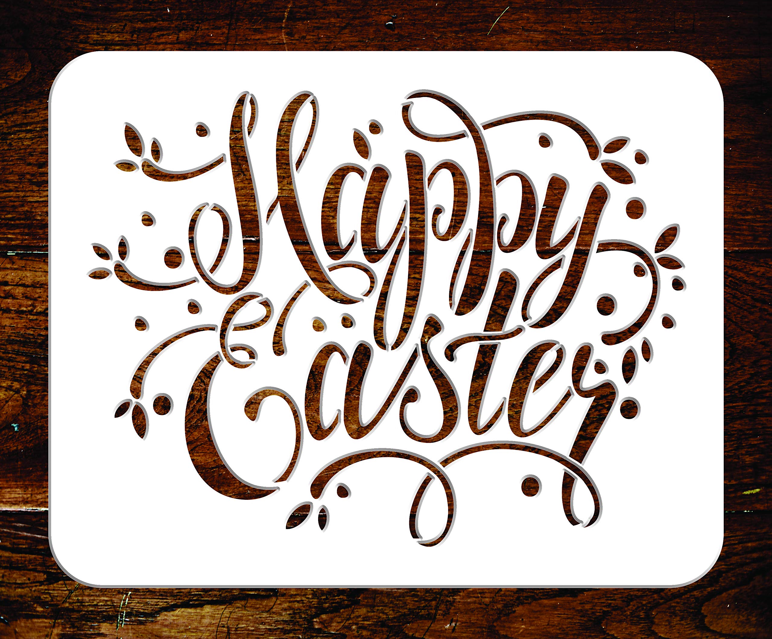 Happy Easter Stencil - 15 x 11.50 cm - Reusable Easter Sign Words Wall Stencil Template - Use on Paper Projects Scrapbook Journal Walls Floors Fabric Furniture Glass Wood etc.