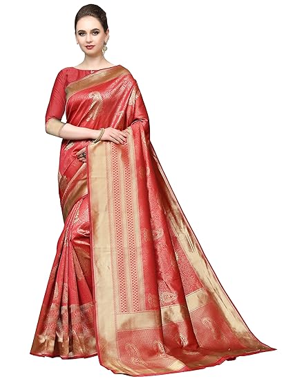 COTTON SHOPY Womens Kanchipuram Silk Blend Saree With Blouse Piece (Cott-914_Red)