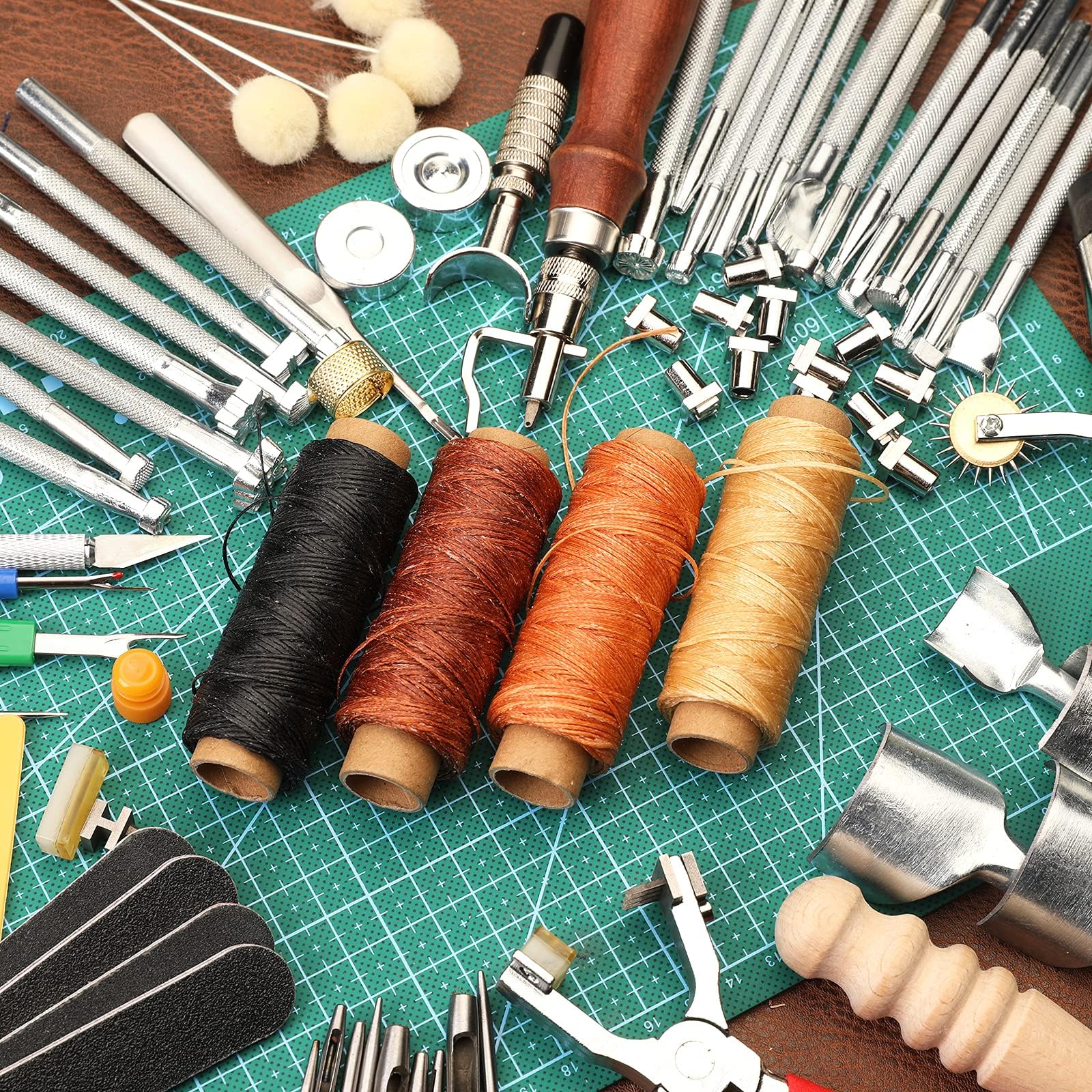 273 Pieces Leather Working Tools and Supplies with Leather Tool Box Cutting Mat Hammer Stamping Needles Snaps and Rivets Kit Perfect for Stitching Punching Cutting Sewing Leathercrafting Making