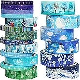 YUBX Winter Washi Tape Set 19 Rolls Skinny Snow Embellishment Blue Silver Foil Decorative Masking Tapes for Arts, DIY Crafts,