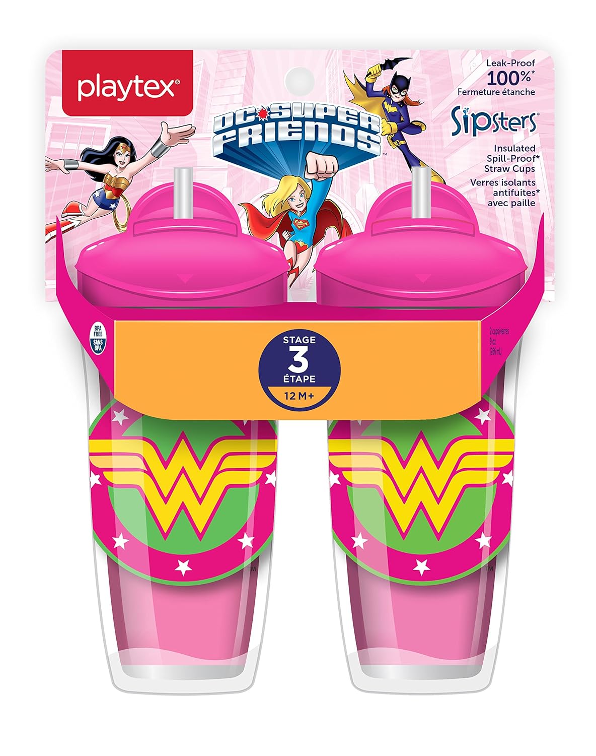 Playtex Sipsters Stage 3 DC Super Friends Wonder Woman Spill-Proof, Leak-Proof, Break-Proof Insulated Toddler Straw Sippy Cups - 9 Ounce - 2 Count