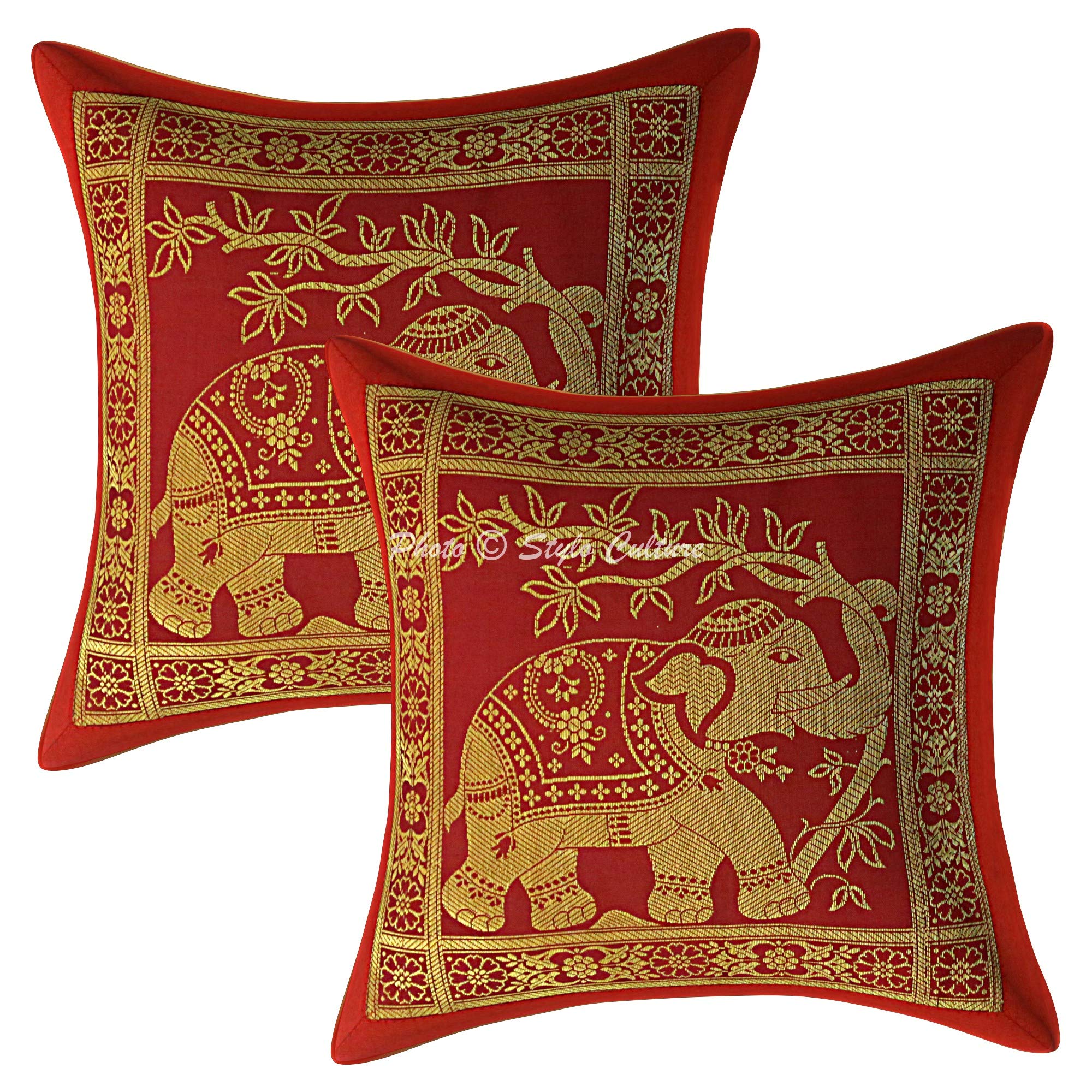 Stylo Culture Indian Brocade Decorative Cushion Covers 30 x 30 cm Burgundy Maroon Gold Elephant 12x12 Inch Jacquard Square Living Room Floral Throw Pillow Covers - (Set Of 2 Pcs)