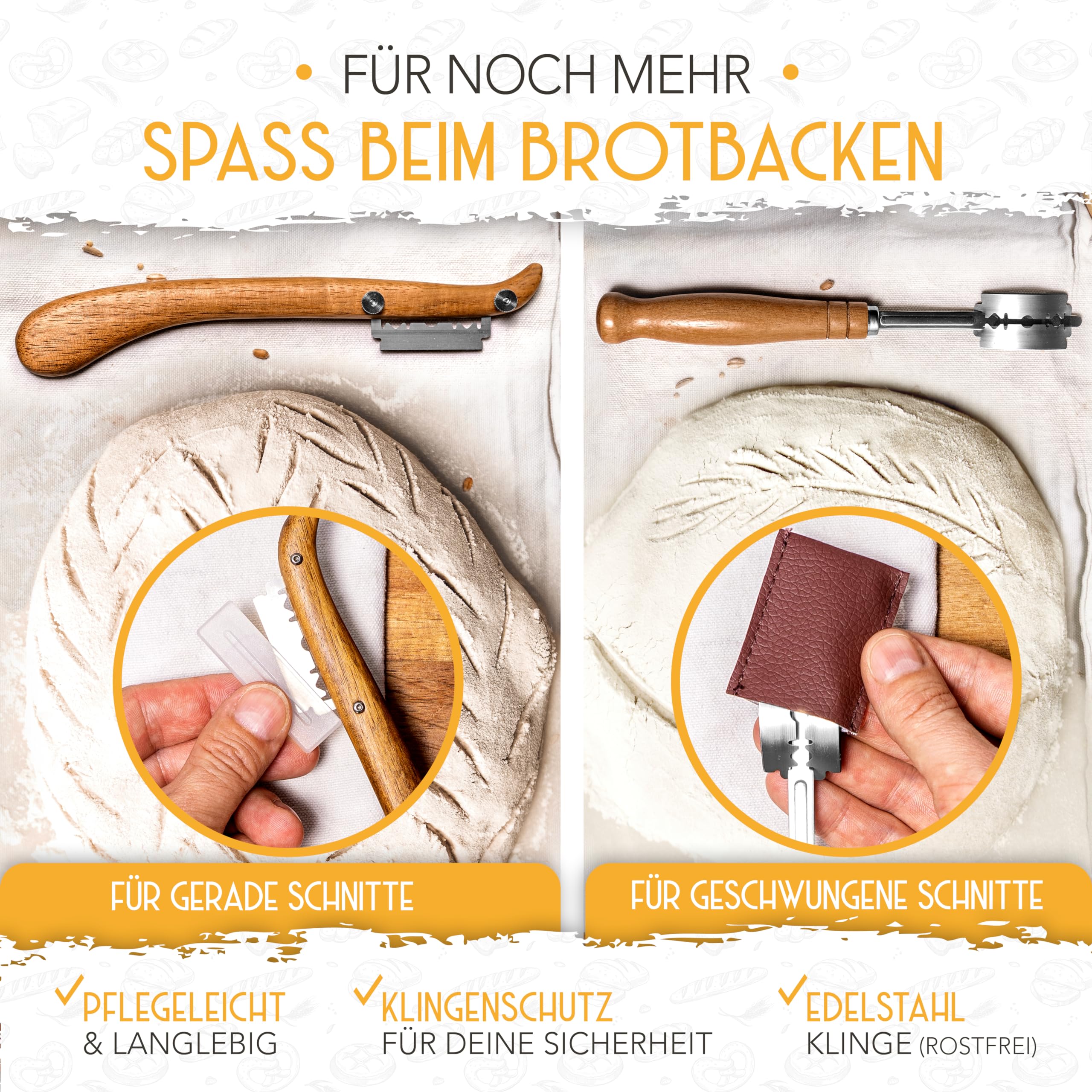 KRUSTENZAUBER Gärkörbchen zum Brotbacken + Bäckermesser - Set aus 2x Gärkorb und 2x Teigritzmesser - Brot Backen Zubehör, Brotkorb, Brotbackform, Sauerteig Teigschneider, Gärfolie Brot 7