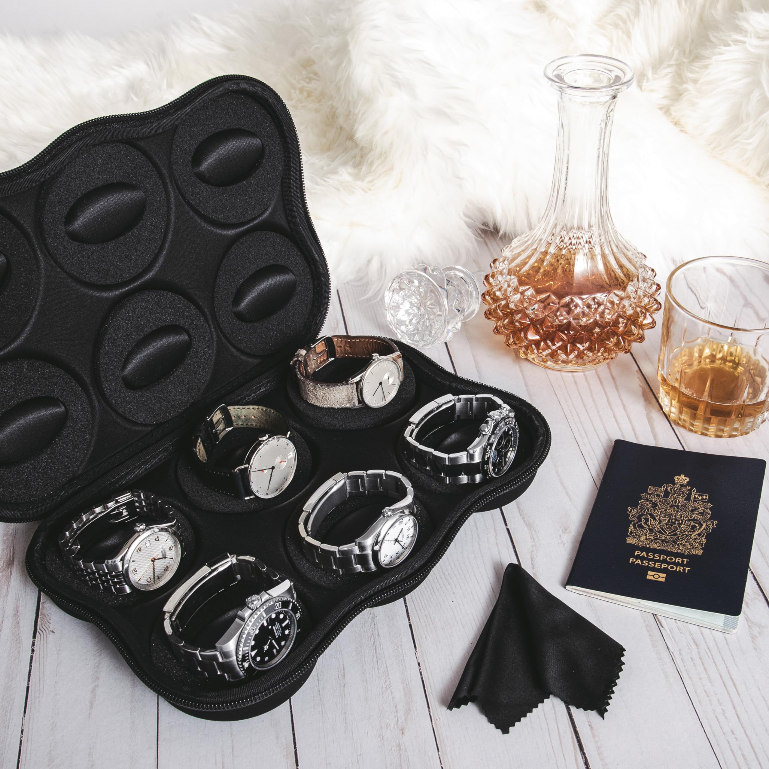 WATCHPOD Six Watch Travel Case Storage Holder Box for 6 Watches | Tough Portable Protection w/Zipper Fits All Wristwatches & Smart Watches Up to 50mm (Black)