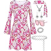 Hippie Costume for Women 60s 70s Disco Dress Outfits Peace Sign Necklace Earrings Sunglass Accessories Set