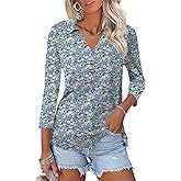 Bashafo Womens 3/4 Sleeve V Neck T Shirt Floral Collared Button Down Shirts for Women S-XXL