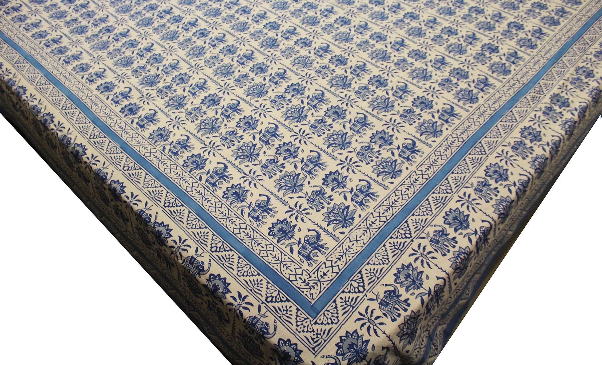 IndieHome Indian Cotton Elephant Bedspreads White Gray Super King Large Size Block Print Bedding Sheets 102" x 112"