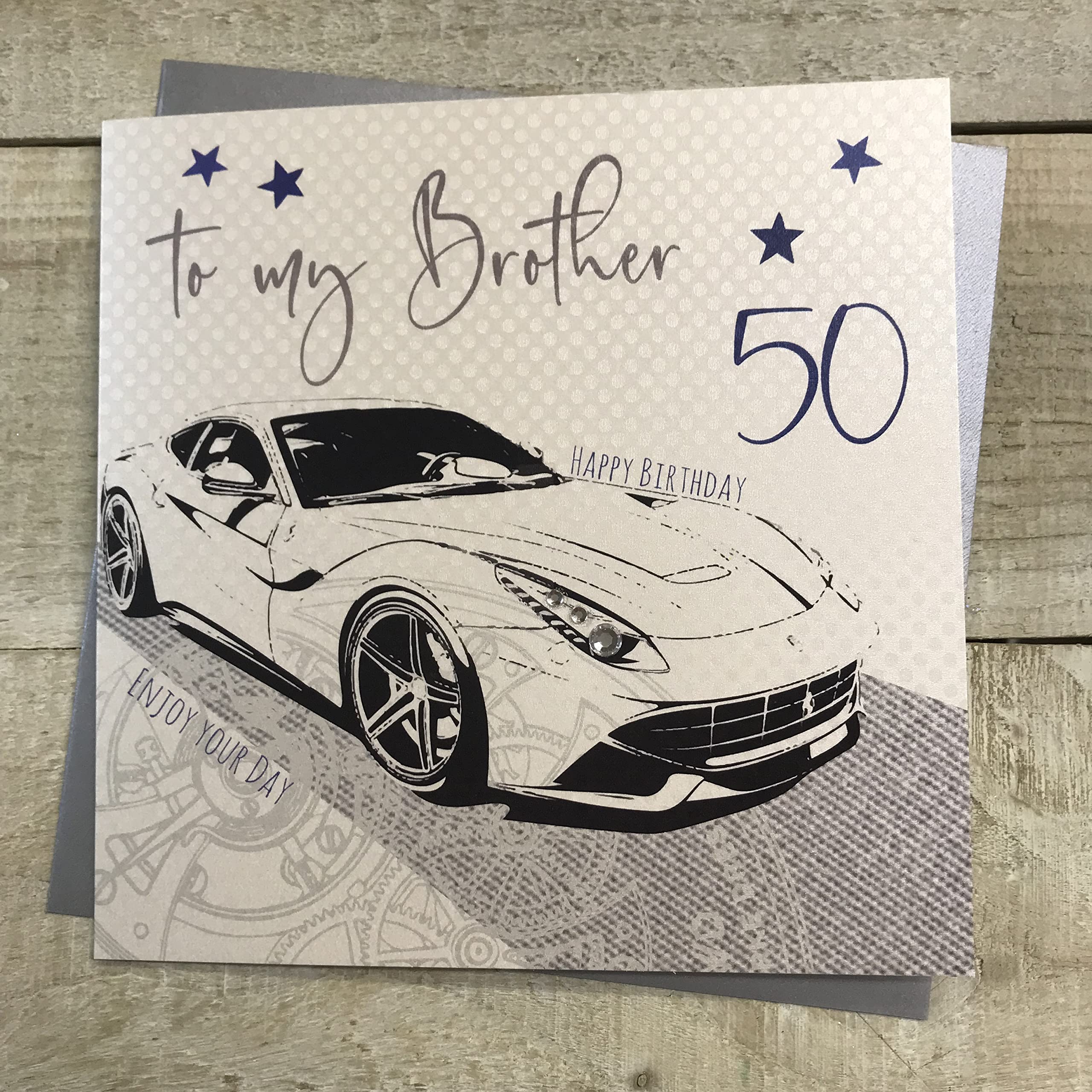 white cotton cards Racing Car, Brother 50 Happy Handmade 50th Birthday Card, wba50-b, 16cm x 16cm