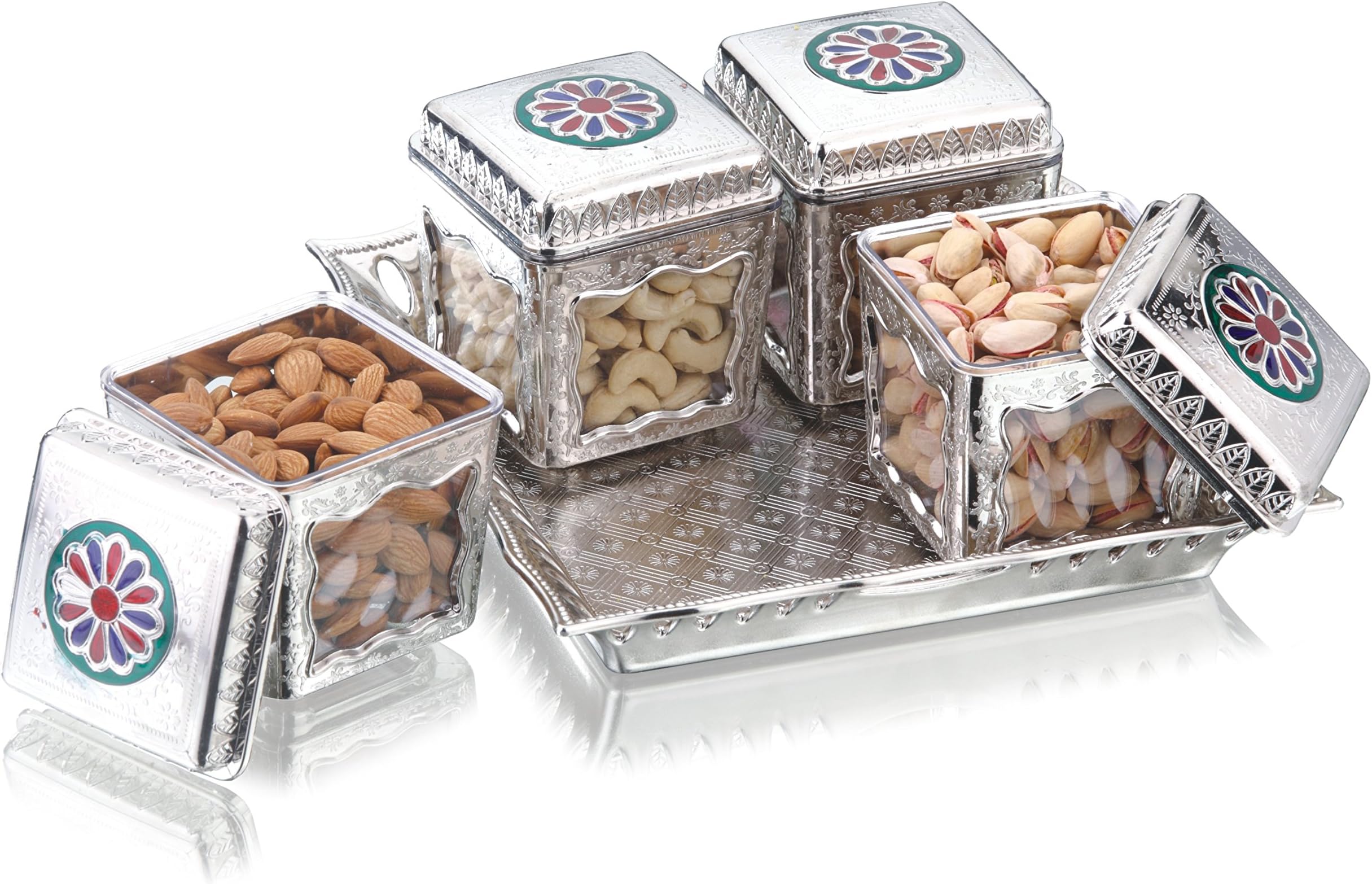 Sukhson India Silver Finished Containers Set With Tray, Box, Platters For Storing And Serving Dry Fruits, Sweets, Chocolates, Beautiful Meenakari Handicraft Work, Fancy Multipurpose Decorative