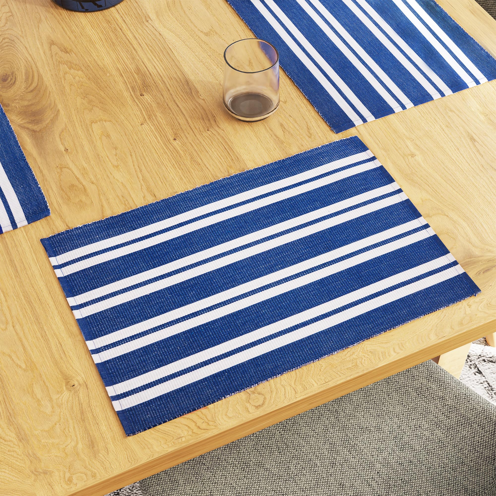 Encasa XO Dining Placemat Set of 6 | Solid Franca Blue Stripes Color | Fine Ribbed Cotton Table mat | Size 19x13 in | Machine Washable
