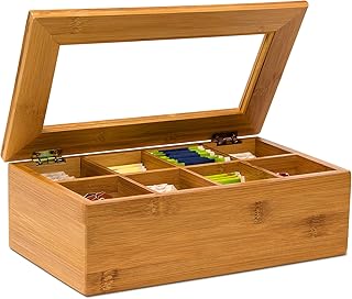 Relaxdays Teebox aus Bambus H x B x T: ca. 9 x 28 x 16 cm Teekasten mit 8 Fächern Teebeutelbox aus Holz mit Deckel samt Sichtluke Teekiste zum Bewahren des Aromas für intensiven Teegenuss, natur