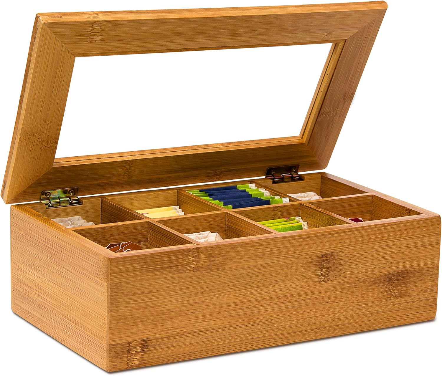Relaxdays Teebox aus Bambus H x B x T: ca. 9 x 28 x 16 cm Teekasten mit 8 Fächern Teebeutelbox aus Holz mit Deckel samt Sichtluke Teekiste zum Bewahren des Aromas für intensiven Teegenuss, natur