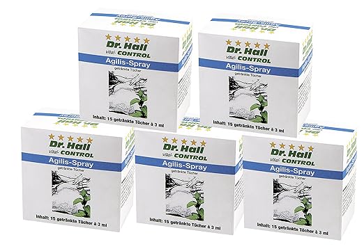 SPARSET: 5 Packungen Agilis-Spray getränkte Tücher - mit speziellen Kräuterextrakten. Für schnelle Anwendung für Haut an Knie