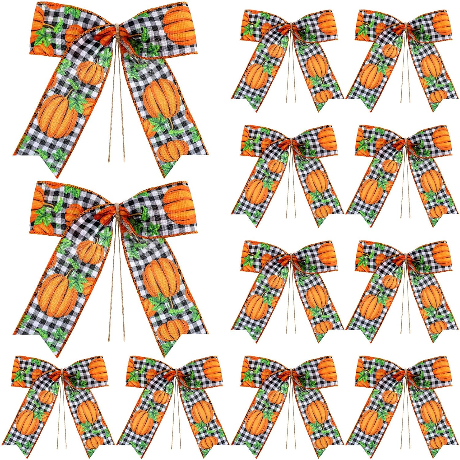 Bows & Ribbons - Bencailor 12 Pcs Fall Wreath Bows Orange Buffalo Plaid Burlap Bows Pumpkin Maple Leaf Autumn Bows with Wired Edge Vintage Farmhouse Bows for Thanksgiving Indoor Outdoor Decor, 7.1 Inch (Pumpkin Plaid)