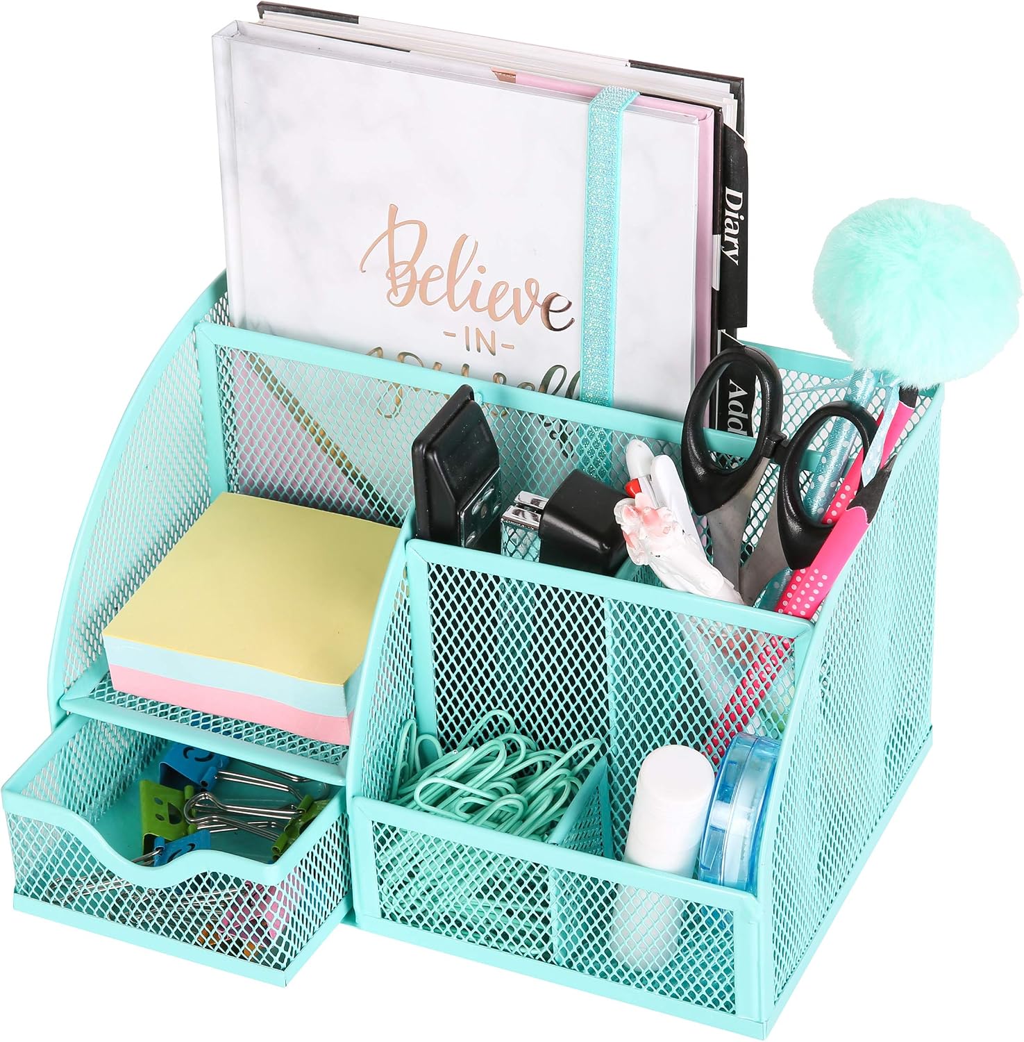 EXERZ Desk Organiser/Mesh Desk Tidy Caddy/Pencil Holder Multifunctional with 7 Compartments, Turquoise - Image 4