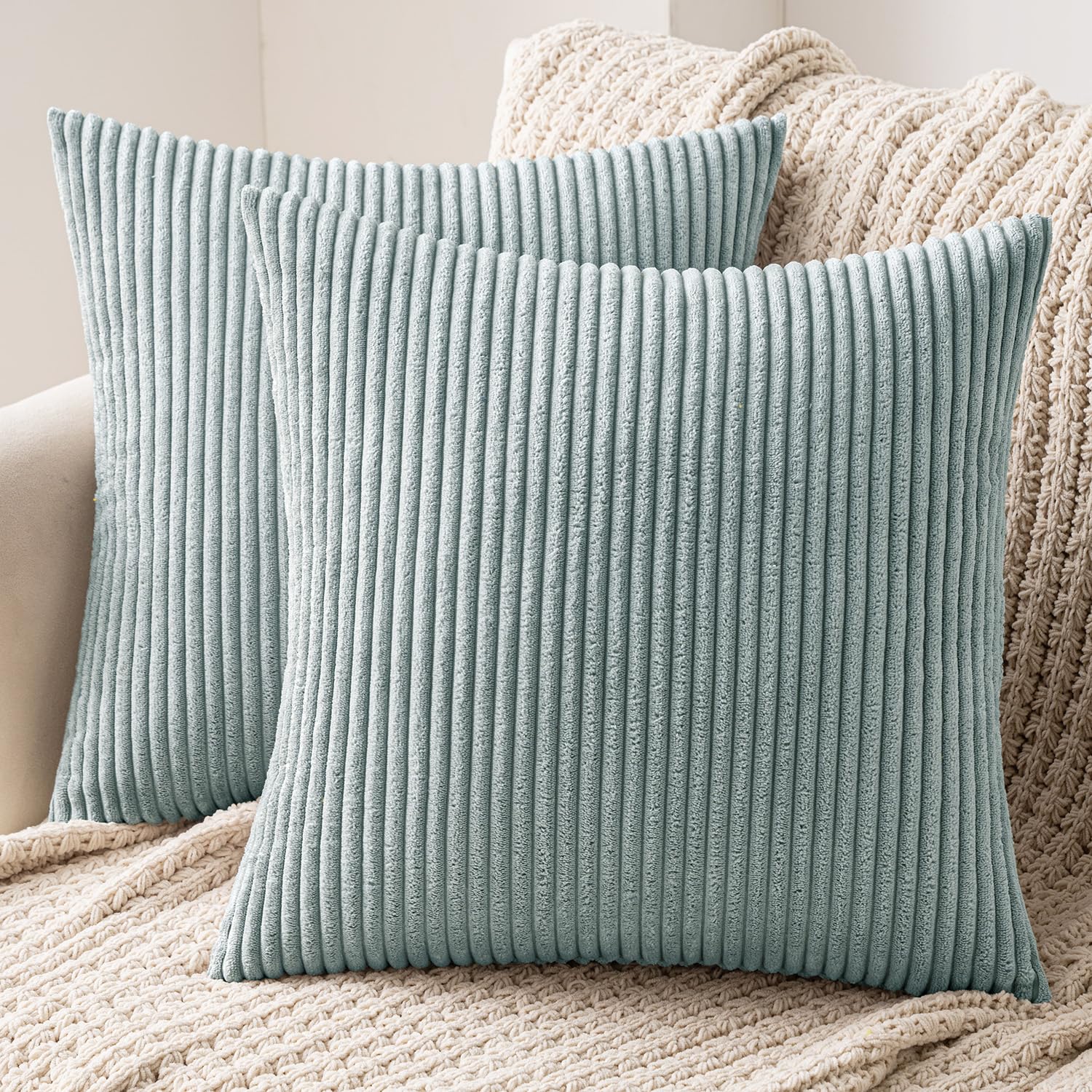 MIULEE Striped Corduroy Fabric Square Throw Pillow Case,Solid Cushion Cover for Sofa Chair Couch/Bedroom Decorative Pillowcases 16x16 Inch 2 Pieces,Greenish white — image 1