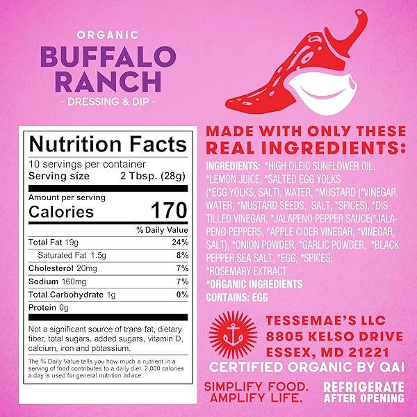 TESSEMAE’S ALL NATURAL SALAD DRESSING – FRESH FLAVORS FOR EVERY PLATE (1 PACK, BUFFALO RANCH DRESSING) – ORGANIC RANCH DRESSING – SUGAR FREE SALAD DRESSING