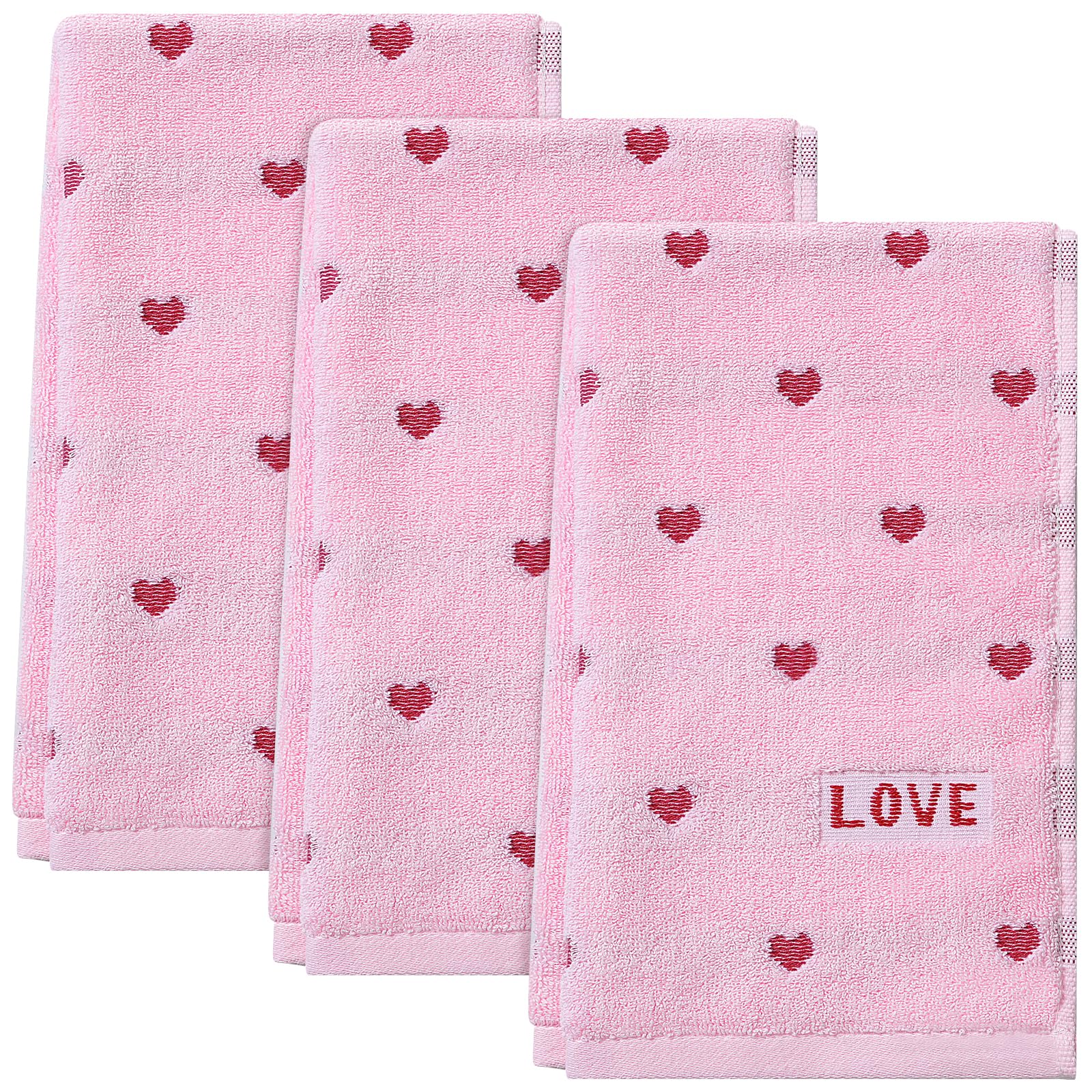 Photo 1 of 3pcs Valentine's Day Hand Towels Pink Red Hearts Embroidered Towel for Bath Cotton Soft Bathroom Kitchen Valentine's Day Decorative Set for Drying Cleaning Cooking Holiday Decor Gift,14 x 29 Inch