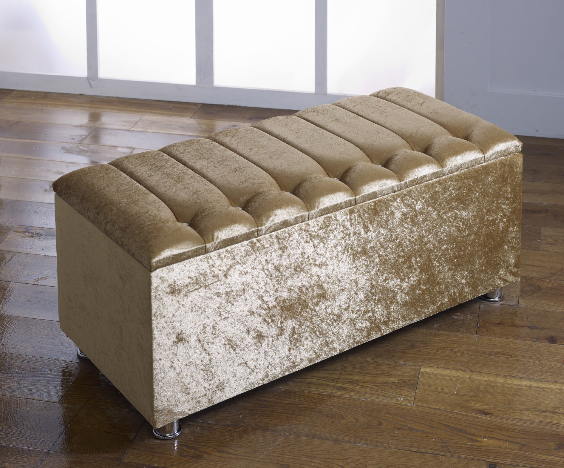 CHICAGO CRUSHED VELVET DIAMANTE OTTOMAN TOY STORAGE BLANKET BOX CHOICE OF COLORS (GOLD)