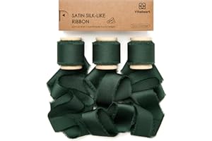 Vitalizart Silk Satin Ribbon 1 Inch x 15 Yard Wooden Spool Dark Green Handmade Frayed Ribbon for Gift Wrapping Baby Shower Wedding Bridal Bouquets Holiday Decor 3 Rolls x 5 Yard