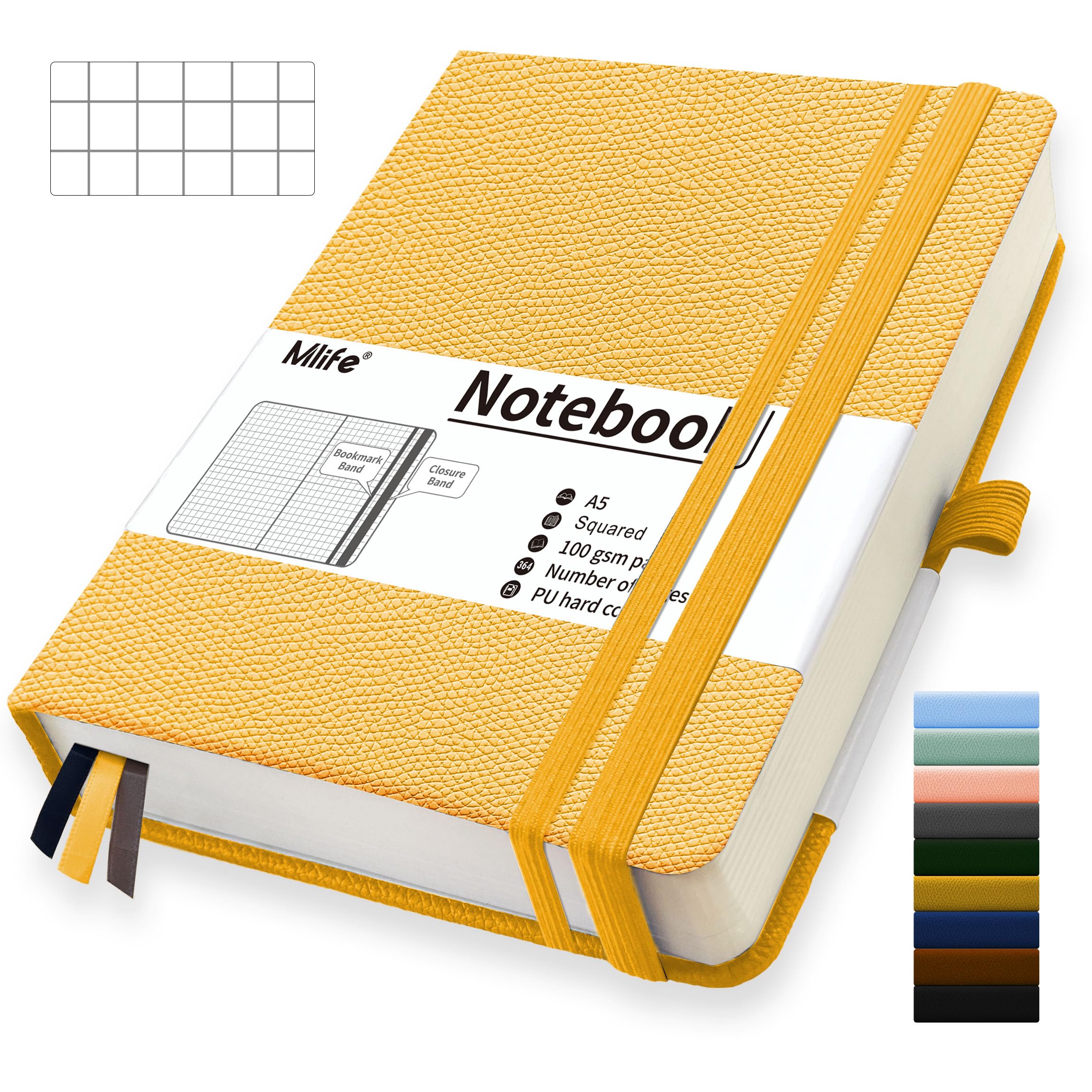 Mlife A5 Graph Paper Notebook,360 Pages Thickened Squared Notebook,Premium 100g/M² Ink Resistant Paper Thick,Pu Hard Cover Grid Notebook,Inside Pocket,Elastic Banded,Grid Paper for Writing(Yellow) — image 1
