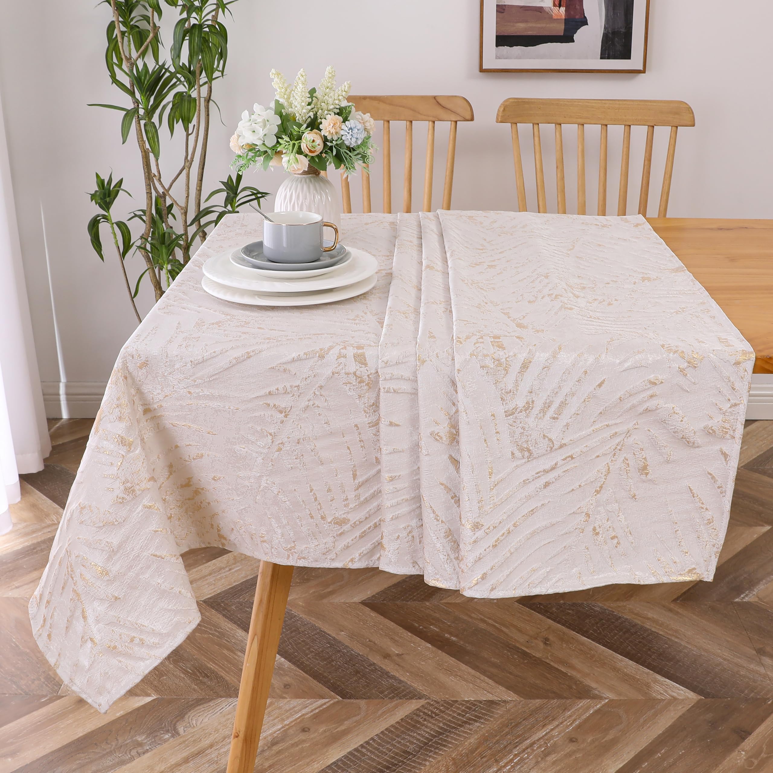 Majestic Giftware Polyester Tablecloths for Rectangle Tables | (70/160) – TC1382 Jacquard Leaves – Gold Hem Stitch Dining Table Cover | Decorative Washable Tablecloth for Kitchen & Dining