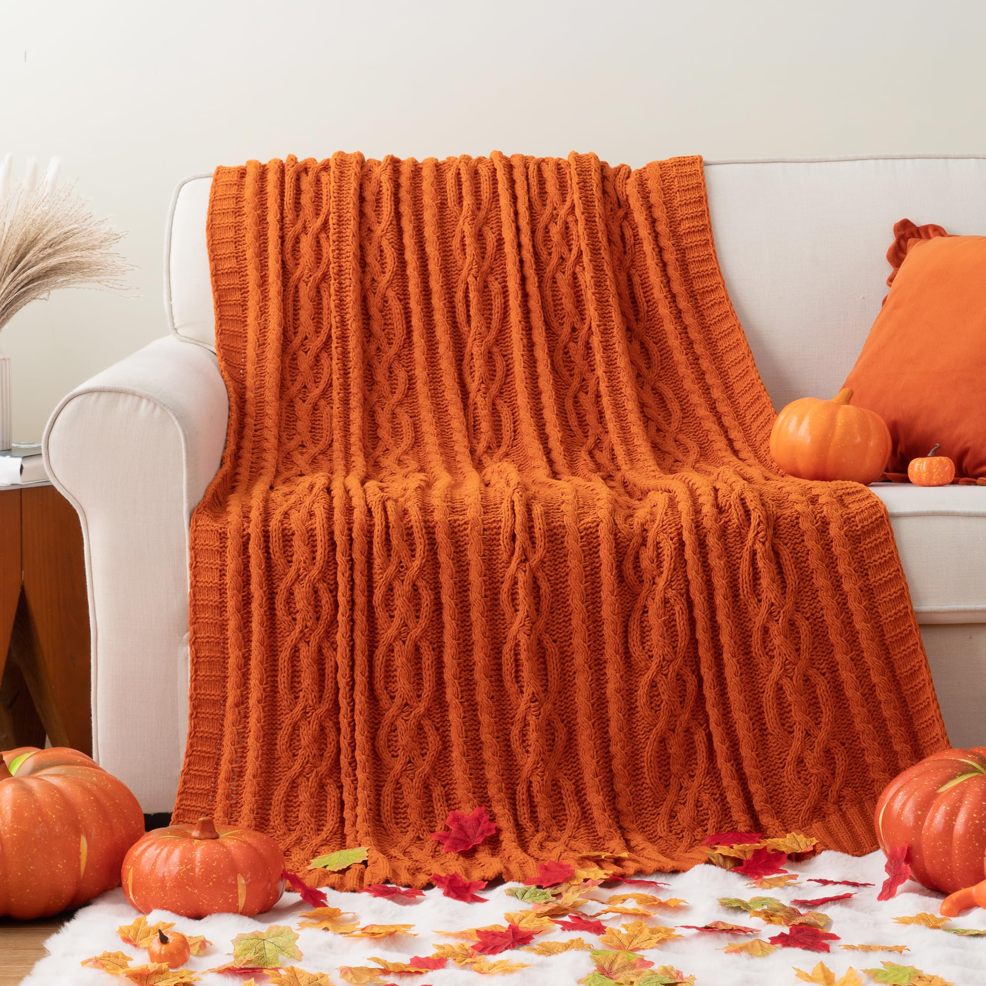 Battilo Burnt Orange Throw Blanket for Bed Chair Couch, Woven Chenille Knit Throw, Super Soft Cozy Warm Orange Sofa Throws, Autumn Fall Decor Halloween Throw Blanket, 130x170cm