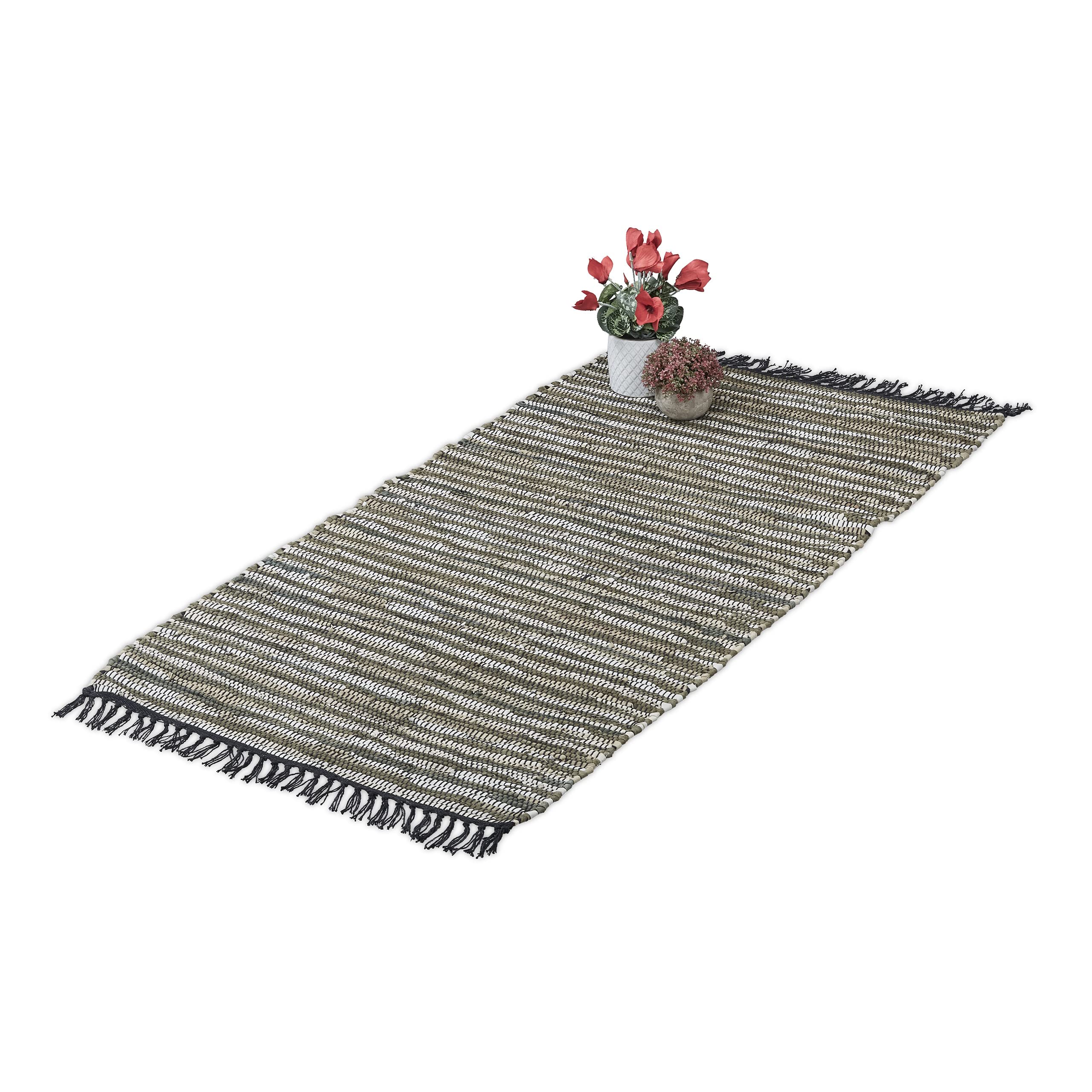 Relaxdays Boho Runner Rug, Cotton and Leather, Non-Slip, Hand-Woven, with Tassels, Hallway, Kitchen, 70 x 140 cm, Green