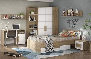Dormitorio Juvenil Libelle Arkina en Roble Artisan y Blanco, Juego de 8