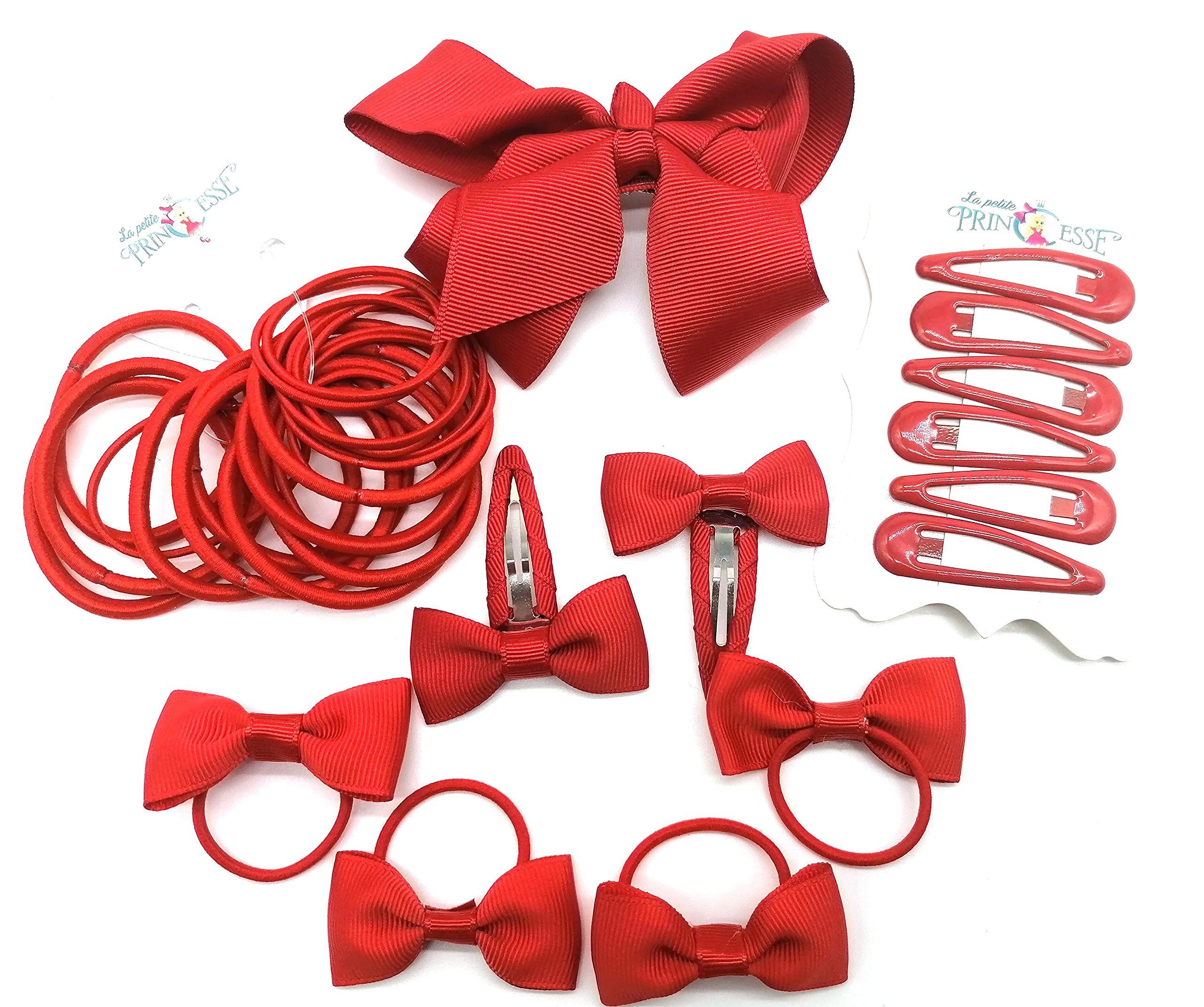 Red hair accessories 35 Pieces Hair Accessory School Ribbon Style Bow Bobbles Hair Clips Bows and Elastics Bands (Red)
