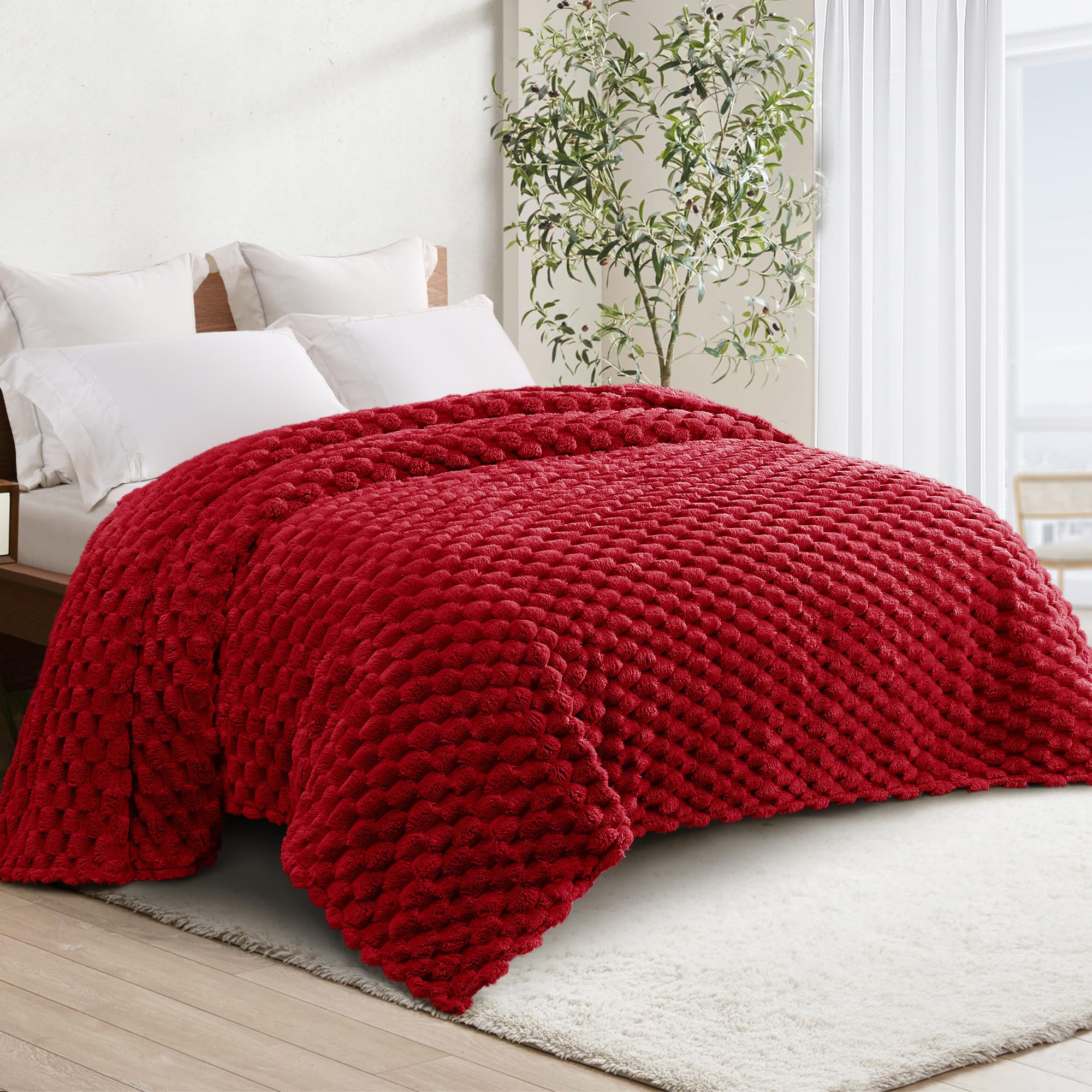 Whale Flotilla Twin Size Blanket for Bed with Jacquard Pattern, Fuzzy Soft Cozy Exquisite Blankets for All Season, Warm and Fluffy, 60x80 Inch, Red