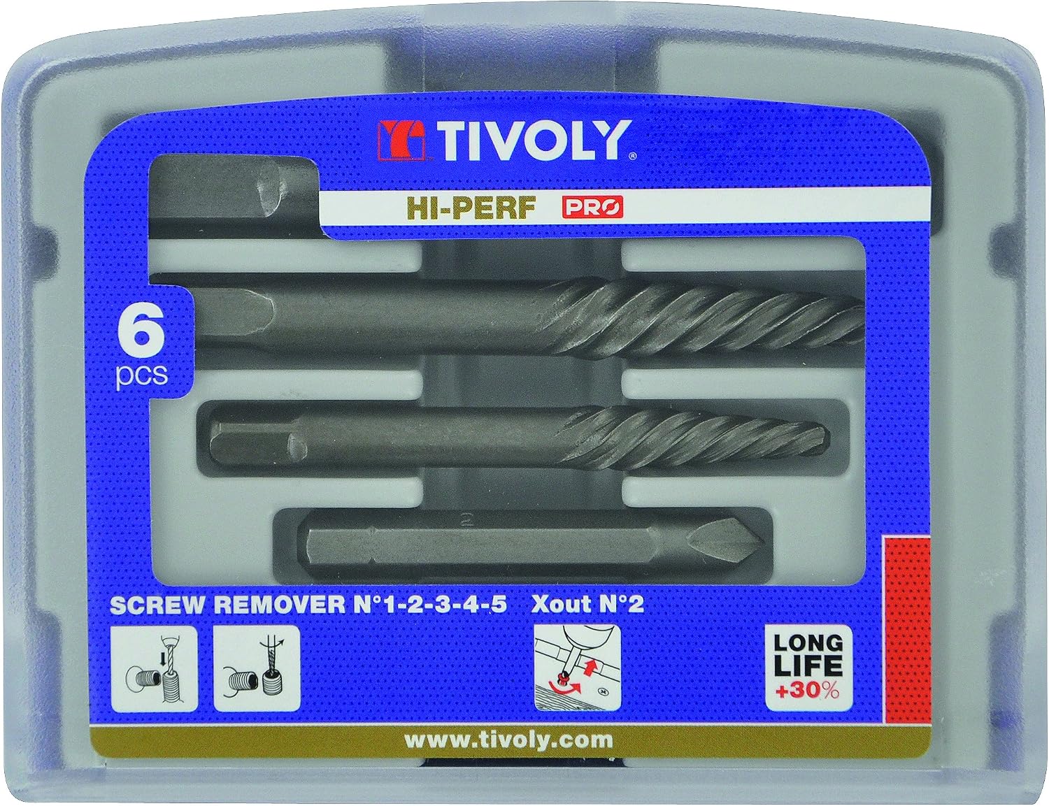 TIVOLY - Damaged Screw Extractor Set - 5 HCS Extractors: N1-N2-N3-N4-N5 + 1 X-Out N2 - For Extraction of M4 to M18 Screws and Studs