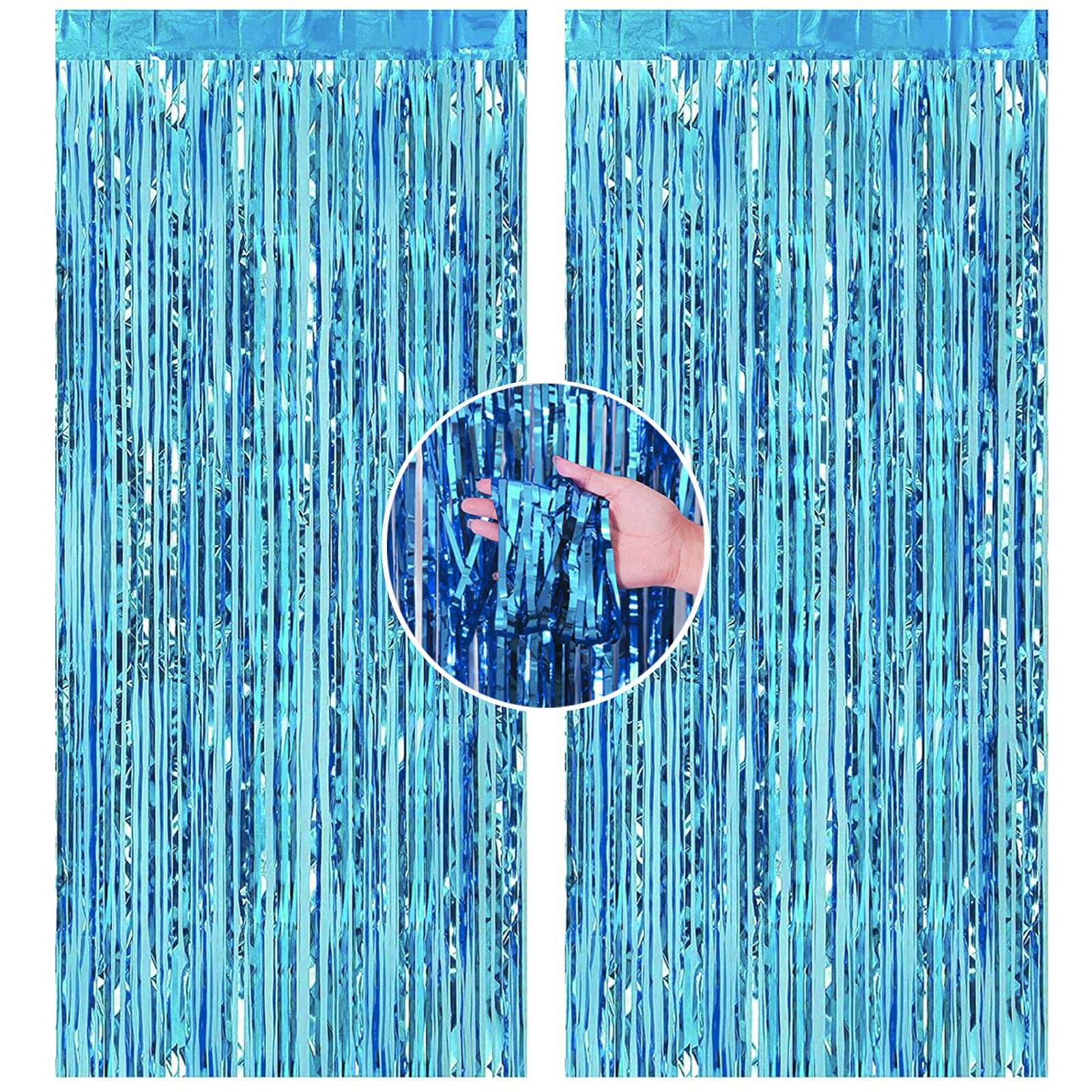 2Pcs 1m*2m Halloween Blue Foil Curtain Door Curtain,Metallic Tinsel Curtains Party Backdrop Curtain.Shimmer Curtains,Fringe Backdrop Hanging Streamer for Halloween Xmas Birthday Wedding Prom Party