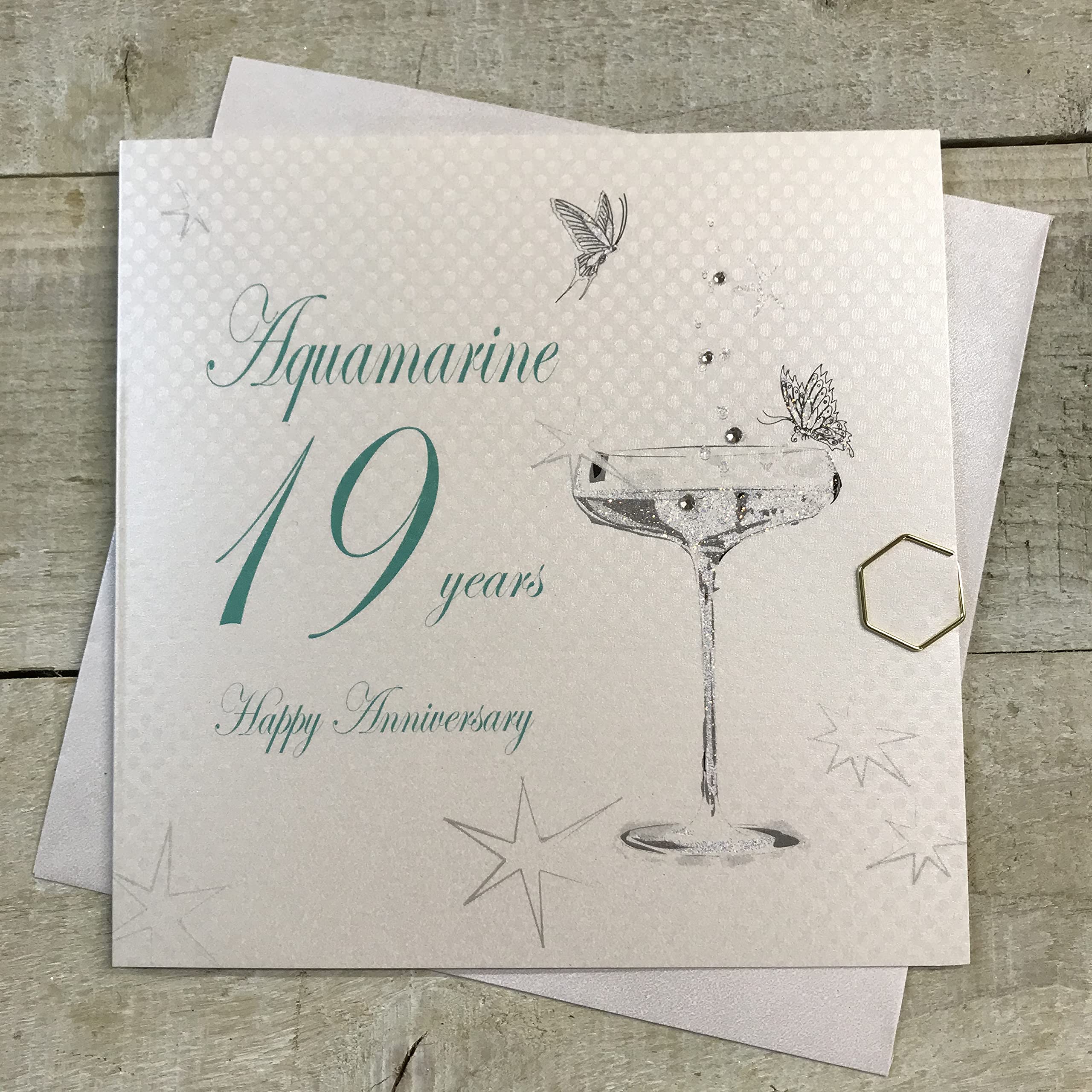 White Cotton Cards BD119C "Happy Anniversary 19 Years Anniversary Aquamarine" Handmade Card, White