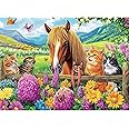 500 Piece Puzzle for Adults- Cats and Horses Puzzle| Recycled Paper Farm Jigsaw Puzzles 500 Pieces | Challenging Family Activity Great Gift Idea for Family Friends | Hard Puzzle Size 20.5X 15 inches
