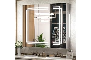 TokeShimi 36 x 32 Bathroom Medicine Cabinet with Lighted Mirror Tempered, LED Medicine Cabinet Mirror with 3 Colors Dimmable, CRI 80+, Anti-Fog, Memory Funtion, Wall Make up Mirror with Storage