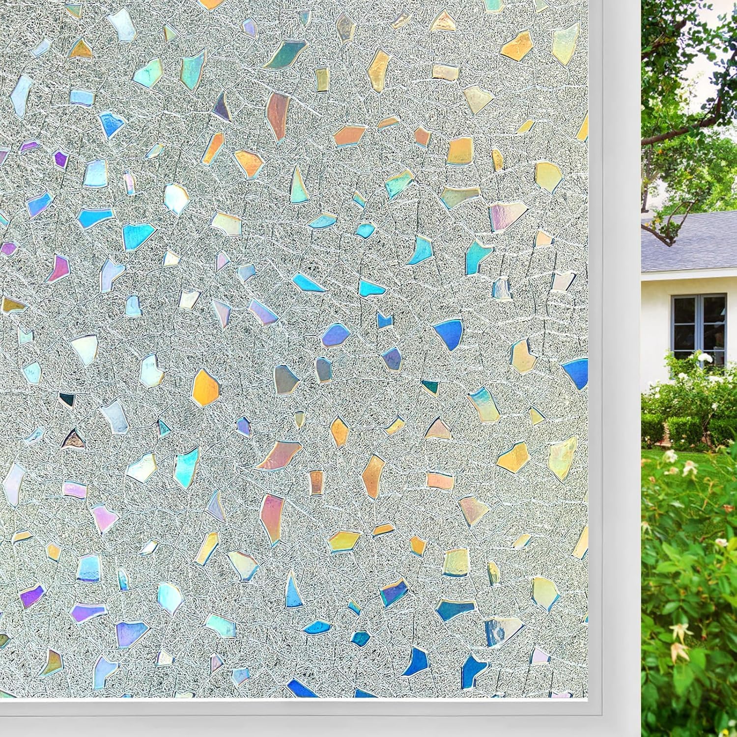 Photo 1 of Coavas Stained Glass Window Privacy Film 3D Rainbow Decorative Heat Control UV Blocking Windows Cling Non-Adhesive Removable Vinyl Film Window Tint for Bathroom Door Covering, Pure, 17.5 x 78.7 inch