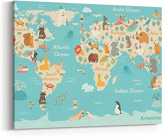 Amazon Rosenberry Rooms キャンバスウォールアートプリント 動物世界地図 子供用 動物ポスター 大陸 動物 海の生き物 南アメリカ ユーラシア 北アメリカ アフリカ オーストラリア 30 X 24 Inches アートフレーム ポスター オンライン通販