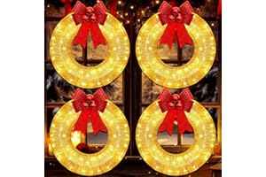Baquler 4 Pcs 12 Inch Lighted Christmas Wreath LED Lights Glitter Christmas Wreath with Red Bow and Balls Glittering Christmas Wreath with Light Xmas Ornaments Decoration for Wall Door Window