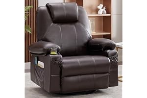 Weture Oversized Swivel Rocker Recliner Chair with Heat and Massage, 360 Degree Swivel Rocking Single Sofa with Cup Holders and USB Port, Large Big Recliner Chair for Living Room(Leather, Dark Brown)