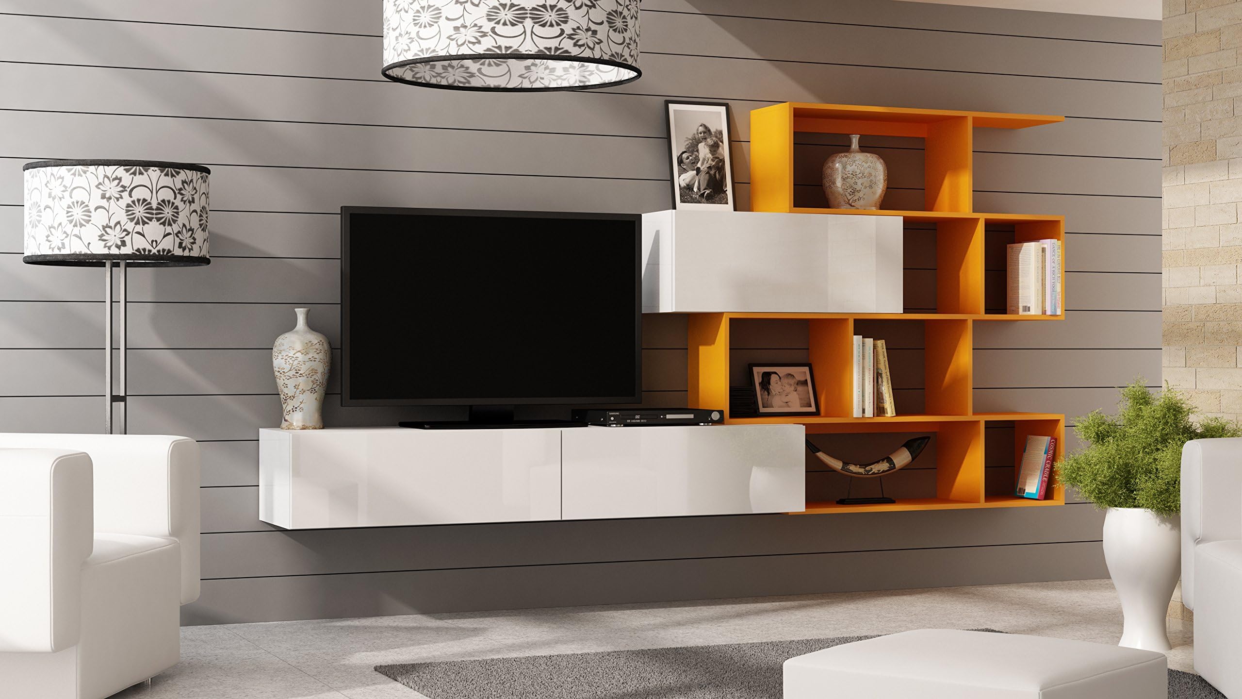 VIGO I /5 COLOURS OF SHELF - Modern HIGH GLOSS FRONTS/BODY MAT / WALL Entertainment UNIT TV Stand Cabinet /HANGING - PERFECT FOR Living Room / Bedroom / Studio Flat - AMAZING QUALITY suitable for PLASMA / LED / LCD / OLED TVs!!! (White High Gloss Fronts / White Matt Body Matt Orange Bookshelf)