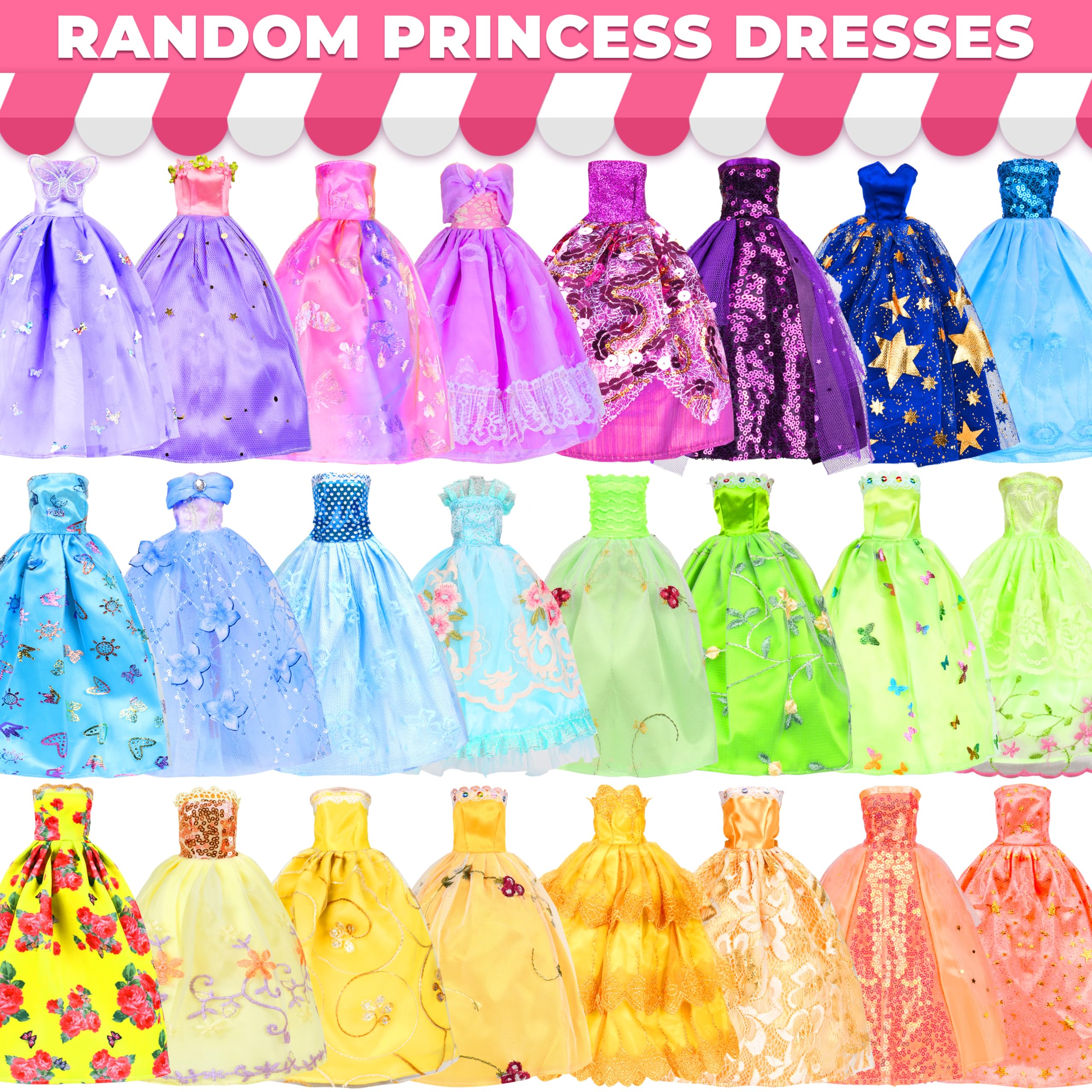﻿195 Pcs Doll Clothes and Accessories Kit, Include Princess Gowns, Fashion Skirt, Slip Dresses, Tops, Pants, Bikini Swimsuits, Shoes, Crowns, Necklaces, Glasses, Hangers in Gift Box for 11