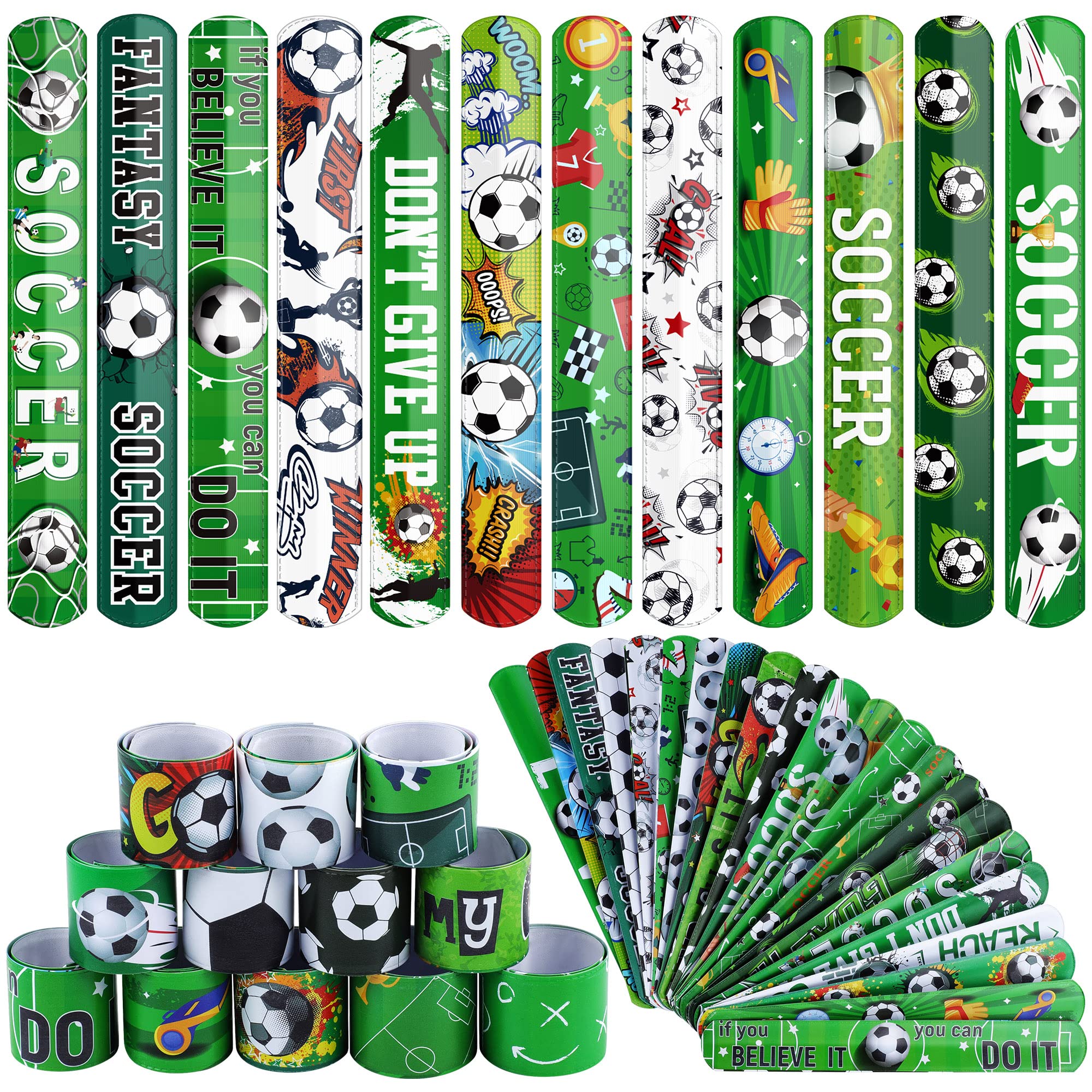 Photo 1 of durony 48 Pieces Soccer Snap Bracelets Wristbands Sport Slap Bracelets for Soccer Party Favors Classroom Prizes Birthday Gifts, Soccer Theme