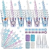 Vesici 124 Pcs Winter Holiday Plastic Cups Bulk with Lids Straws Stickers Raffia Snowflake Plastic Cups Christmas Disposable Clear Mugs Party Favor Holiday Birthday Wedding Party Supplies,24 Sets