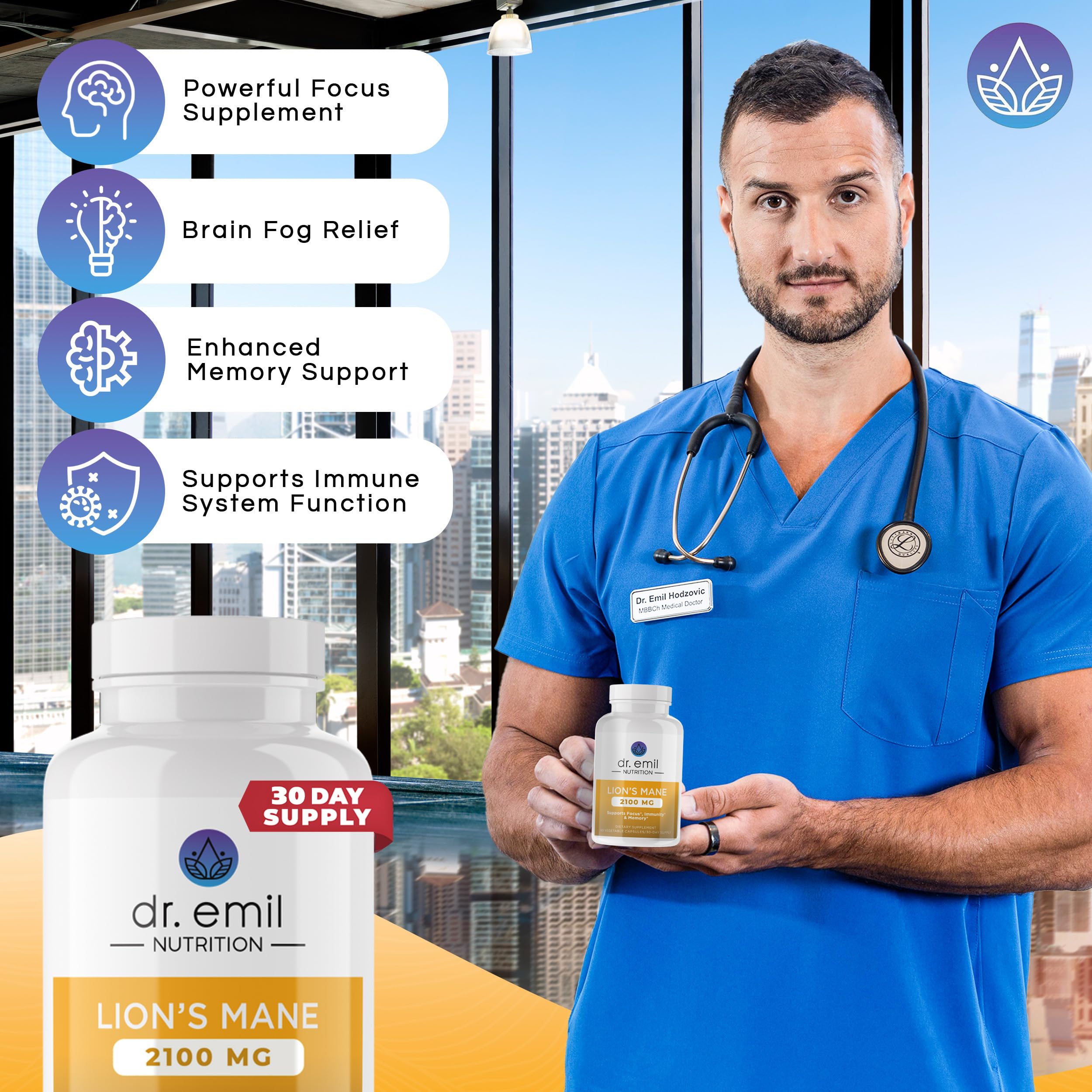 DR EMIL NUTRITION 2100mg Organic Lions Mane Supplement Capsules for