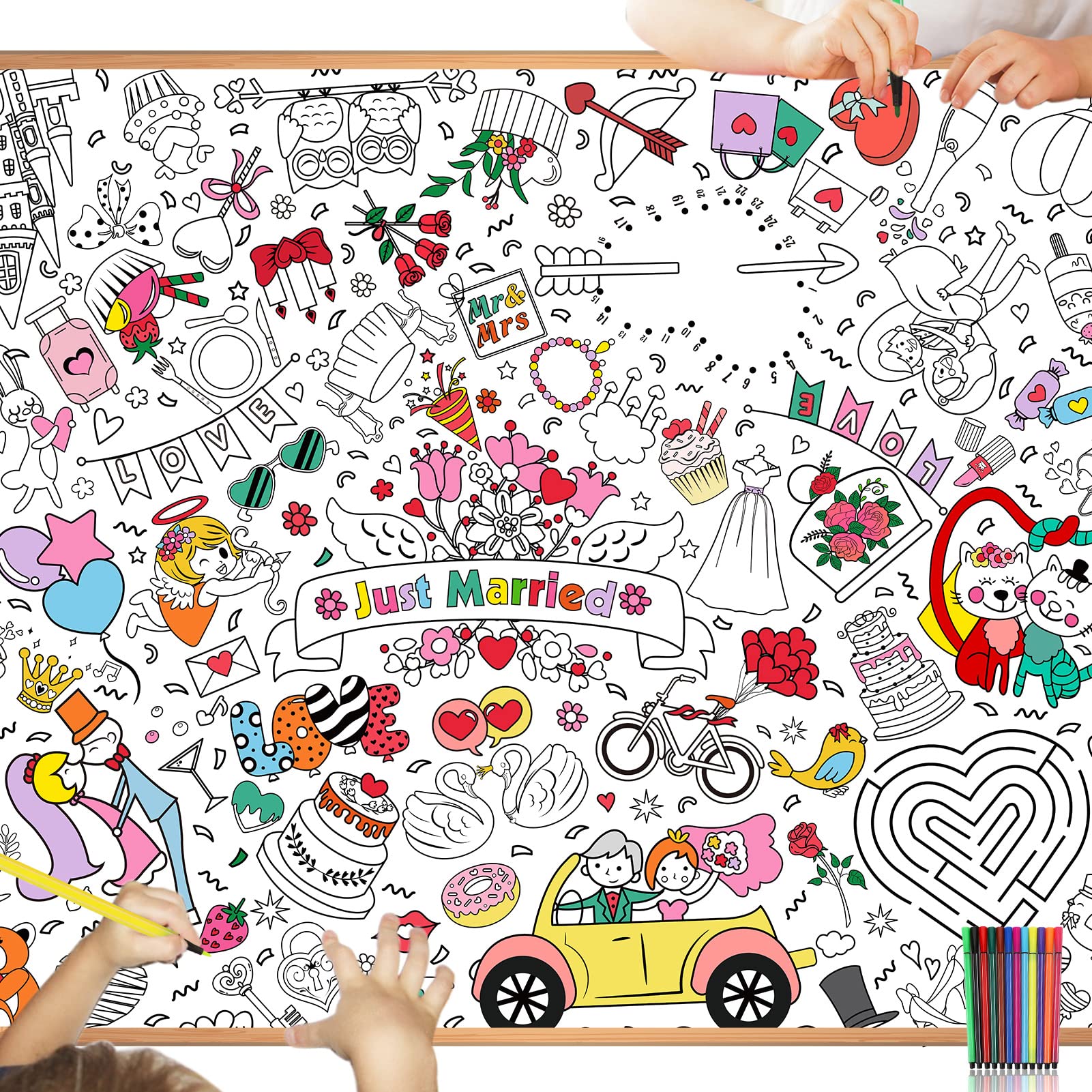 HOWAF Giant Colouring Poster for Kids Wedding Activity Packs, Just Married Colouring Poster Coloring Book Drawing Paper Wall Doodle Art Gifts & 12 Pens, Wedding Games for Kids